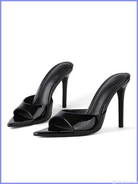 Women's Slip On Stiletto Mule Heels Patent Faux Leather Open Toe Dress Sandals